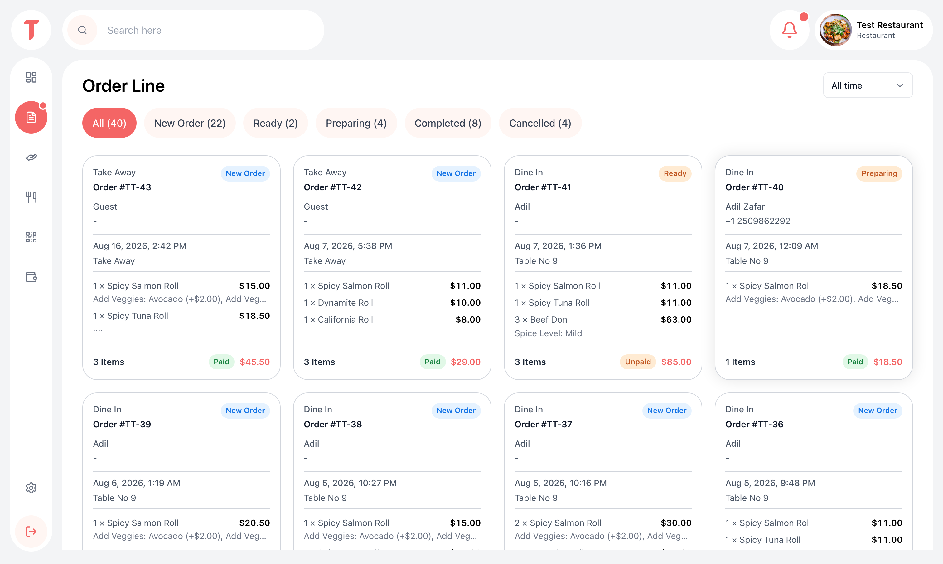 Restaurant order line screenshot